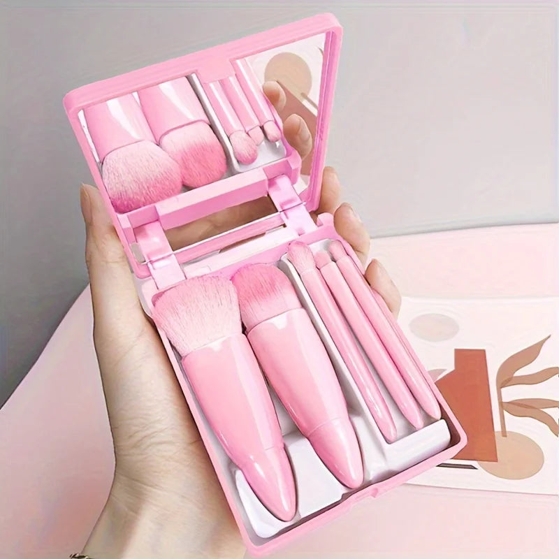 5Pcs Portable Makeup Brush Set With Mirror -  Foldable Travel Kit ，Mini Makeup Brush Set Travel Makeup Brush Set - Aura Dourada