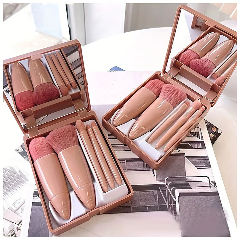 5Pcs Portable Makeup Brush Set With Mirror -  Foldable Travel Kit ，Mini Makeup Brush Set Travel Makeup Brush Set - Aura Dourada