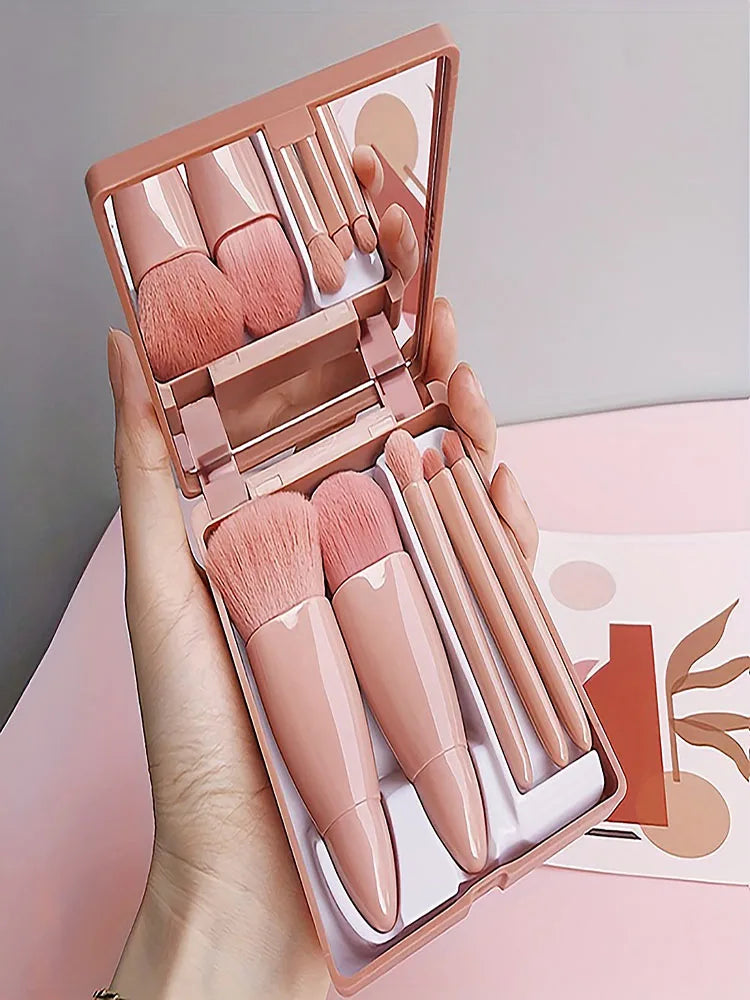 5Pcs Portable Makeup Brush Set With Mirror -  Foldable Travel Kit ，Mini Makeup Brush Set Travel Makeup Brush Set - Aura Dourada